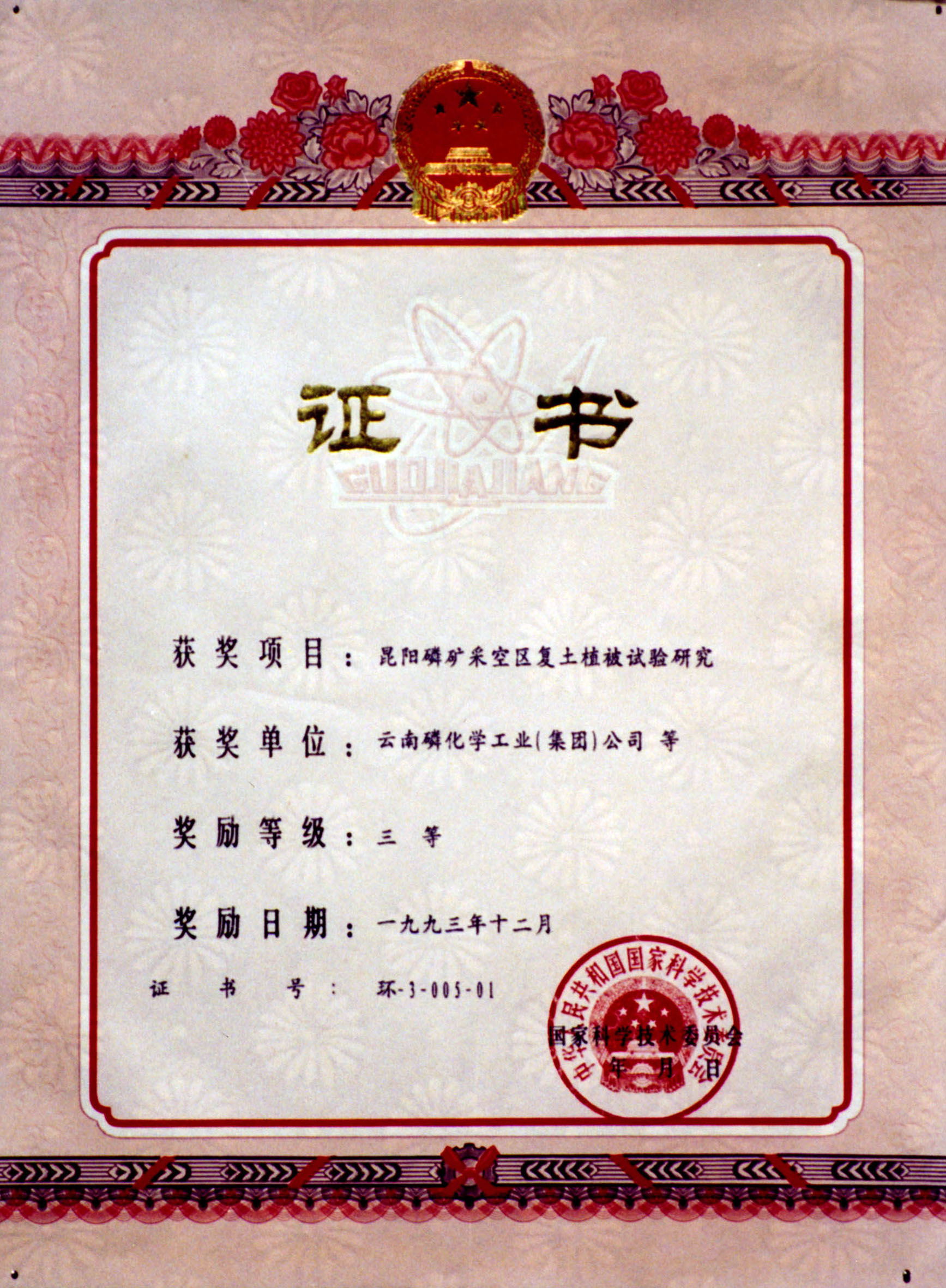 國家科學技術委員會三等獎